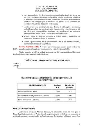 AULA DE ORÇAMENTO
Profº. FERNANDO GAMA
Profª. CRISTINA MARTINS
7
ser acompanhado de demonstrativo regionalizado do efeito, sobre as
receitas e despesas, decorrente de isenções, anistias, remissões, subsídios
e benefícios de natureza financeira, tributária e creditícia, bem como das
medidas de compensação a renúncias de receita e ao aumento de
despesas obrigatórias de caráter continuado;
conter reserva de contingência, cuja forma de utilização e montante,
definido com base na receita corrente líquida, serão estabelecidos na lei
de diretrizes orçamentárias, destinada ao atendimento de passivos
contingentes e outros riscos e eventos fiscais imprevistos;
Conter todas as despesas relativas à dívida pública, mobiliária ou
contratual, e as receitas que as atenderão;
conter separadamente, na lei orçamentária e na lei de crédito adicional,
refinanciamento da dívida pública;
MUITO IMPORTANTE: A reserva de contingência deverá estar contida na
LOA e a sua forma de utilização e o montante serão estabelecidos na LDO.
Ainda, segundo a LRF, é vedado consignar na lei orçamentária crédito com
finalidade imprecisa ou com dotação ilimitada.
VIGÊNCIA DA LEI ORÇAMENTÁRIA ANUAL – LOA
17/01/X1
31/12/X1
QUADRO DE ENCAMINHAMENTO DO PROJETO DE LEI
ORÇAMENTÁRIA
ORÇAMENTO PÚBLICO
Conforme o professor Aliomar Baleeiro, “o orçamento é um ato pelo qual o
Poder Legislativo autoriza o Poder Executivo, por um certo período e em pormenor, a
realização das despesas destinadas ao funcionamento dos serviços públicos e outros fins
PROJETOS DE LEI Envio ao
CN
Devolução
p/sanção
Lei orçamentária – Anual 31/08 22/12
Lei de Diretrizes Orçamentárias – Anual 15/04 17/07
Plano Plurianual – 04 anos 31/08 22/12
 