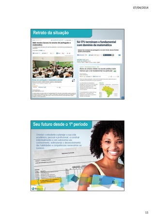 07/04/2014
11
21
Retrato da situação
22
Orientar o estudante a planejar a sua vida
acadêmica, pessoal e profissional, a construir
individualmente e com autonomia seu
conhecimento, estimulando o desenvolvimento
das habilidades e competências necessárias ao
sucesso.
Seu futuro desde o 1º período
 