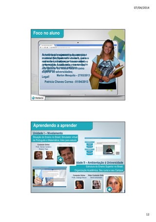 07/04/2014
12
Foco no aluno
A matéria planejamento de carreira e
sucesso profissional é demais, pois
nos orienta a alcançar nosso objetivo
(a formação acadêmica), como não
nos desviar do nosso foco e como
superar as adversidades;
Legal!
Patricia Chaves Correa - 01/04/2013
Adorei todo o conteúdo proposto pela
matéria! Principalmente a aula 1, que nos
estimula a relembrar certos assuntos
esquecidos. A cada aula, uma resolução
de dúvidas do nosso cotidiano
acadêmico.
Marlon Mesquita – 27/03/2013
24
Aprendendo a aprender
Unidade I – Nivelamento
Situação do Ensino no Brasil; Simulador virtual
de Português e Matemática; links para estudo
Conteúdo Online
Profs. Denise Candal e
Roberto Paes
Videoaula ao Vivo
Rogério Melzi
Unidade II – Ambientação à Universidade
Estrutura do Ensino Superior no Brasil;
Organização Acadêmica; Seu curso e seu Campus
Conteúdo Online
Profa. Solange Moura
Videoaula ao Vivo
Profa. Paula Caleffi
Vídeo Conteúdo Online
David Schürmann
 