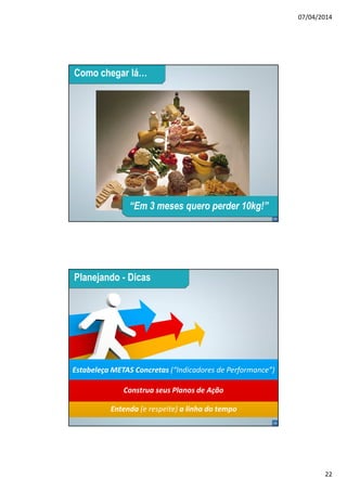 07/04/2014
22
43
Como chegar lá…
“Em 3 meses quero perder 10kg!”
44
Planejando - Dicas
Estabeleça METAS Concretas (“Indicadores de Performance”)
Construa seus Planos de Ação
Entenda (e respeite) a linha do tempo
 