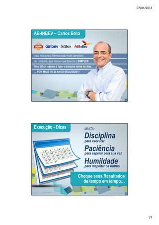 07/04/2014
27
53
Cultura Estácio 53
AB-INBEV – Carlos Brito
Aqui nós nunca fizemos nada muito complexo...
Ao contrário, aqui nós sempre fizemos o SIMPLES...
Mas difícil mesmo é fazer o simples todos os dias...
... POR MAIS DE 20 ANOS SEGUIDOS!!!
54
Cultura Estácio 54
Execução - Dicas MUITA:
Disciplina
para executar
Paciênciapara esperar pela sua vez
Humildadepara respeitar os outros
Cheque seus Resultados
de tempo em tempo…
 