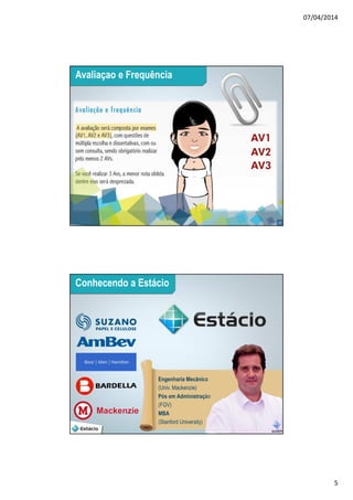 07/04/2014
5
9
Avaliaçao e Frequência
10
Conhecendo a Estácio
Engenharia Mecânica
(Univ. Mackenzie)
Pós em Administração
(FGV)
MBA
(Stanford University)
 
