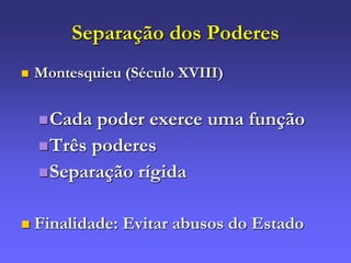 Separação dos Poderes
 Montesquieu (Século XVIII)
Cada poder exerce uma função
Três poderes
Separação rígida
 Finalidade: Evitar abusos do Estado
 