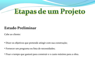 Estudo Preliminar
Cabe ao cliente:


• Dizer os objetivos que pretende atingir com sua construção;

• Fornecer um programa ou lista de necessidades;

• Fixar o tempo que gastará para construir e o custo máximo para a obra.
 