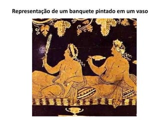 Representação de um banquete pintado em um vaso
 