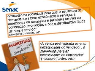 “A venda está voltada para as
necessidades do vendedor, o
marketing, para as
necessidades do comprador”
Theodore Levitt, 1960
 