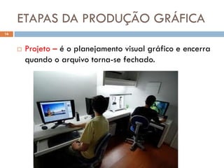 ETAPAS DA PRODUÇÃO GRÁFICA
16



        Projeto – é o planejamento visual gráfico e encerra
         quando o arquivo torna-se fechado.
 