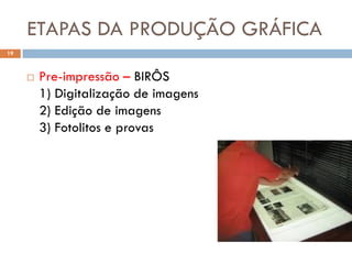 ETAPAS DA PRODUÇÃO GRÁFICA
19



        Pre-impressão – BIRÔS
         1) Digitalização de imagens
         2) Edição de imagens
         3) Fotolitos e provas
 