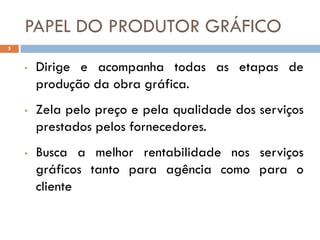 PAPEL DO PRODUTOR GRÁFICO
5


    •   Dirige e acompanha todas as etapas de
        produção da obra gráfica.
    •   Zela pelo preço e pela qualidade dos serviços
        prestados pelos fornecedores.
    •   Busca a melhor rentabilidade nos serviços
        gráficos tanto para agência como para o
        cliente
 