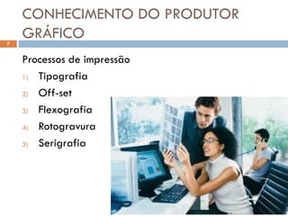 CONHECIMENTO DO PRODUTOR
7
    GRÁFICO
    Processos de impressão
    1) Tipografia
    2) Off-set
    3) Flexografia
    4) Rotogravura
    5) Serigrafia
 