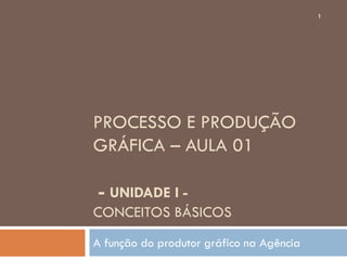 1




PROCESSO E PRODUÇÃO
GRÁFICA – AULA 01

 - UNIDADE I -
CONCEITOS BÁSICOS
A função do produtor gráfico na Agência
 
