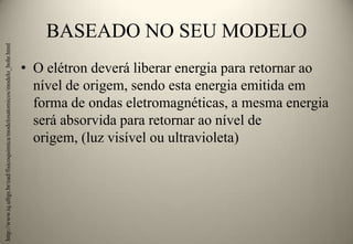 http://www.iq.ufrgs.br/ead/fisicoquimica/modelosatomicos/modelo_bohr.html

BASEADO NO SEU MODELO
• O elétron deverá liberar energia para retornar ao
nível de origem, sendo esta energia emitida em
forma de ondas eletromagnéticas, a mesma energia
será absorvida para retornar ao nível de
origem, (luz visível ou ultravioleta)

 