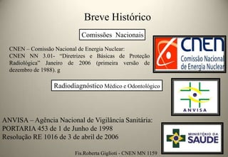 Breve Histórico
Comissões Nacionais
CNEN – Comissão Nacional de Energia Nuclear:
CNEN NN 3.01- “Diretrizes e Básicas de Proteção
Radiológica” Janeiro de 2006 (primeira versão de
dezembro de 1988). g

Radiodiagnóstico Médico e Odontológico

ANVISA – Agência Nacional de Vigilância Sanitária:
PORTARIA 453 de 1 de Junho de 1998
Resolução RE 1016 de 3 de abril de 2006
Fis.Roberta Giglioti - CNEN MN 1159

 