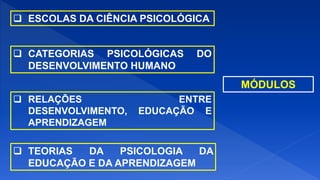  ESCOLAS DA CIÊNCIA PSICOLÓGICA
MÓDULOS
 CATEGORIAS PSICOLÓGICAS DO
DESENVOLVIMENTO HUMANO
 RELAÇÕES ENTRE
DESENVOLVIMENTO, EDUCAÇÃO E
APRENDIZAGEM
 TEORIAS DA PSICOLOGIA DA
EDUCAÇÃO E DA APRENDIZAGEM
 