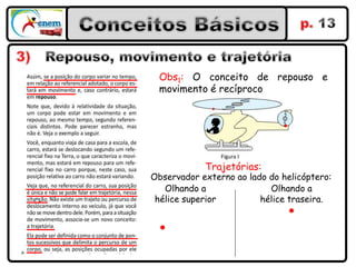 Obs1: O conceito de repouso e
 movimento é recíproco




            Trajetórias:
Observador externo ao lado do helicóptero:
   Olhando a               Olhando a
 hélice superior         hélice traseira.
 