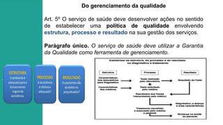 SEGURANÇA DO PACIENTE
Do gerenciamento da qualidade
Art. 5º O serviço de saúde deve desenvolver ações no sentido
de estabelecer uma política de qualidade envolvendo
estrutura, processo e resultado na sua gestão dos serviços.
Parágrafo único. O serviço de saúde deve utilizar a Garantia
da Qualidade como ferramenta de gerenciamento.
 