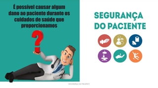 SEGURANÇA DO PACIENTE
É possível causar algum
dano ao paciente durante os
cuidados de saúde que
proporcionamos
 
