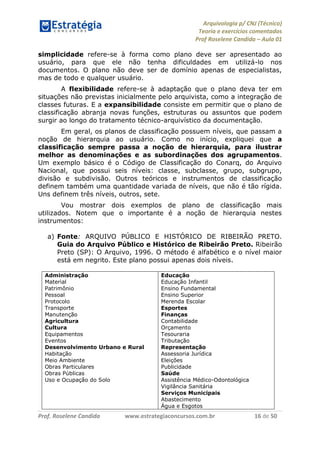 Arquivologia p/ CNJ (Técnico) 
Teoria e exercícios comentados 
Prof Roselene Candida – Aula 01 
Prof. Roselene Candida www.estrategiaconcursos.com.br 16 de 50 
simplicidade refere-se à forma como plano deve ser apresentado ao usuário, para que ele não tenha dificuldades em utilizá-lo nos documentos. O plano não deve ser de domínio apenas de especialistas, mas de todo e qualquer usuário. 
A flexibilidade refere-se à adaptação que o plano deva ter em situações não previstas inicialmente pelo arquivista, como a integração de classes futuras. E a expansibilidade consiste em permitir que o plano de classificação abranja novas funções, estruturas ou assuntos que podem surgir ao longo do tratamento técnico-arquivístico da documentação. 
Em geral, os planos de classificação possuem níveis, que passam a noção de hierarquia ao usuário. Como no início, expliquei que a classificação sempre passa a noção de hierarquia, para ilustrar melhor as denominações e as subordinações dos agrupamentos. Um exemplo básico é o Código de Classificação do Conarq, do Arquivo Nacional, que possui seis níveis: classe, subclasse, grupo, subgrupo, divisão e subdivisão. Outros teóricos e instrumentos de classificação definem também uma quantidade variada de níveis, que não é tão rígida. Uns definem três níveis, outros, sete. 
Vou mostrar dois exemplos de plano de classificação mais utilizados. Notem que o importante é a noção de hierarquia nestes instrumentos: 
a) Fonte: ARQUIVO PÚBLICO E HISTÓRICO DE RIBEIRÃO PRETO. Guia do Arquivo Público e Histórico de Ribeirão Preto. Ribeirão Preto (SP): O Arquivo, 1996. O método é alfabético e o nível maior está em negrito. Este plano possui apenas dois níveis. 
Administração 
Material 
Patrimônio 
Pessoal 
Protocolo 
Transporte 
Manutenção 
Agricultura 
Cultura 
Equipamentos 
Eventos 
Desenvolvimento Urbano e Rural 
Habitação 
Meio Ambiente 
Obras Particulares 
Obras Públicas 
Uso e Ocupação do Solo 
Educação 
Educação Infantil 
Ensino Fundamental 
Ensino Superior 
Merenda Escolar 
Esportes 
Finanças 
Contabilidade 
Orçamento 
Tesouraria 
Tributação 
Representação 
Assessoria Jurídica 
Eleições 
Publicidade 
Saúde 
Assistência Médico-Odontológica 
Vigilância Sanitária 
Serviços Municipais 
Abastecimento 
Água e Esgotos  