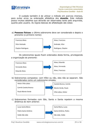 Arquivologia p/ CNJ (Técnico) 
Teoria e exercícios comentados 
Prof Roselene Candida – Aula 01 
Prof. Roselene Candida www.estrategiaconcursos.com.br 29 de 50 
O cuidado também é de utilizar o método em acervos imensos, para evitar erros na ordenação alfabética dos dossiês. Este método possui muitos detalhes que deverão ser observados tanto pelo arquivista, quanto pelo usuário. As regras básicas de alfabetação são estas: 
a) Pessoas físicas: o último sobrenome deve ser considerado e depois o prenome (o primeiro nome): 
Os sobrenomes iguais ficam ordenados desta forma, privilegiando a organização do prenome: 
b) Sobrenomes compostos: com hífen ou não, eles não se separam. São considerados como um sobrenome simples. 
c) Sobrenomes formados com São, Santo e Santa repetem a mesma dinâmica do item anterior. 
Francisco Alves 
Vitor Andrade 
Clayton Rodrigues 
Alves, Francisco 
Andrade, Vítor 
Rodrigues, Clayton 
Francisco Alves 
Fernando Alves 
Eduardo Alves 
Alves, Eduardo 
Alves, Fernando 
Alves, Francisco 
Heitor Villa-Lobos 
Camilo Castelo Branco 
Paulo Monte Verde 
Castelo Branco, Camilo 
Monte Verde, Paulo 
Villa-Lobos, Heitor 
Lucas Santa Maria 
Pedro Santo Antônio 
Valdo São João 
Santa Maria, Lucas 
Santo Antônio, Pedro 
São João, Valdo  