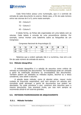 Arquivologia p/ CNJ (Técnico) 
Teoria e exercícios comentados 
Prof Roselene Candida – Aula 01 
Prof. Roselene Candida www.estrategiaconcursos.com.br 38 de 50 
Cada ficha-índice possui uma numeração, que é o controle de entrada de cada documento no acervo. Neste caso, o fim de cada número entra nas colunas de 0 a 9, como neste exemplo: 
30 – Coluna 0 
72 – Coluna 2 
45 – Coluna 5 
E desta forma, as fichas são organizadas em uma tabela com as colunas. Cada tabela é oriunda de uma proveniência distinta. Por exemplo, vamos montar uma tabelinha sobre as fotografias de um Congresso: 
Congresso Nacional de Arquivologia (I) 
0 
1 
2 
3 
4 
5 
6 
7 
8 
9 
10 
21 
32 
45 
27 
30 
41 
72 
65 
Notamos que a ordem aplicada não é a numérica, mas sim a do fim de cada número de entrada do acervo. 
5.4. Método ideográfico 
O método ideográfico é a adoção de assuntos como critério de entrada na ordenação dos documentos. Tal metodologia pode ser utilizada a partir da ordenação dicionária ou enciclopédica dos documentos. Também podem ser adotados os métodos duplex, decimal ou o bloco canadense, caso adote o assunto. 
A adoção deste método, como já abordei antes, requer muito cuidado do arquivista responsável, pois nem sempre um assunto pré- concebido pode abranger a gama de documentos que podem ser abordados. Ou pode acontecer o pior, existirem dois assuntos para o mesmo documento. Isso acontece muito, por isso nem sempre se recomenda utilizá-lo em acervos grandes. 
5.5. METODOS PADRONIZADOS DE ARQUIVAMENTO 
5.5.1. Método Variadex 
 