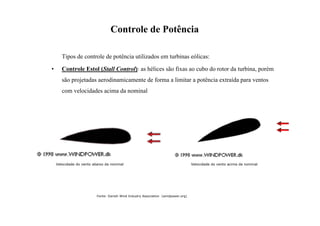 Controle de Potência
Tipos de controle de potência utilizados em turbinas eólicas:
• Controle Estol (Stall Control): as hélices são fixas ao cubo do rotor da turbina, porém
são projetadas aerodinamicamente de forma a limitar a potência extraída para ventos
com velocidades acima da nominal
Velocidade do vento abaixo da nominal Velocidade do vento acima da nominal
Fonte: Danish Wind Industry Association (windpower.org)
 