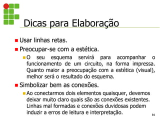 Dicas para Elaboração
16
 Usar linhas retas.
 Preocupar-se com a estética.
 O seu esquema servirá para acompanhar o
funcionamento de um circuito, na forma impressa.
Quanto maior a preocupação com a estética (visual),
melhor será o resultado do esquema.
 Simbolizar bem as conexões.
 Ao conectarmos dois elementos quaisquer, devemos
deixar muito claro quais são as conexões existentes.
Linhas mal formadas e conexões duvidosas podem
induzir a erros de leitura e interpretação.
 