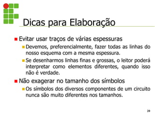 Dicas para Elaboração
20
 Evitar usar traços de várias espessuras
 Devemos, preferencialmente, fazer todas as linhas do
nosso esquema com a mesma espessura.
 Se desenharmos linhas finas e grossas, o leitor poderá
interpretar como elementos diferentes, quando isso
não é verdade.
 Não exagerar no tamanho dos símbolos
 Os símbolos dos diversos componentes de um circuito
nunca são muito diferentes nos tamanhos.
 