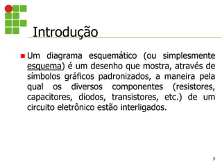Introdução
3
 Um diagrama esquemático (ou simplesmente
esquema) é um desenho que mostra, através de
símbolos gráficos padronizados, a maneira pela
qual os diversos componentes (resistores,
capacitores, diodos, transistores, etc.) de um
circuito eletrônico estão interligados.
 