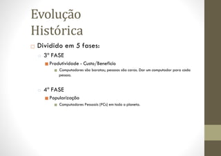 □ Dividido em 5 fases:
□ 3ª FASE
■ Produtividade - Custo/Beneficio
■ Computadores são baratos; pessoas são caras. Dar um computador para cada
pessoa.
□ 4ª FASE
■ Popularização
■ Computadores Pessoais (PCs) em todo o planeta.
Evolução
Histórica
 