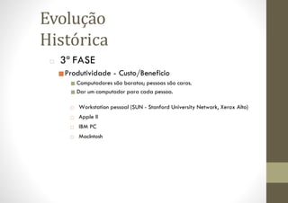 Evolução
Histórica
□ 3ª FASE
■Produtividade - Custo/Beneficio
■ Computadores são baratos; pessoas são caras.
■ Dar um computador para cada pessoa.
□ Workstation pessoal (SUN - Stanford University Network, Xerox Alto)
□ Apple II
□ IBM PC
□ MacIntosh
 
