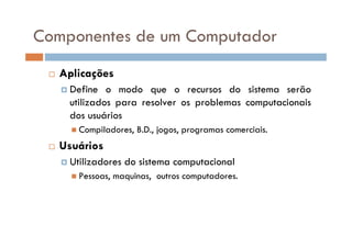 Aplicações
Define o modo que o recursos do sistema serão
utilizados para resolver os problemas computacionais
dos usuários
Compiladores, B.D., jogos, programas comerciais.
Usuários
Utilizadores do sistema computacional
Pessoas, maquinas, outros computadores.
Componentes de um Computador
 
