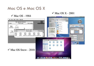 Mac OS e Mac OS X
Mac OSMac OS -- 19841984
Mac OS XMac OS X -- 20012001
Mac OSMac OS SnowSnow -- 20102010
 