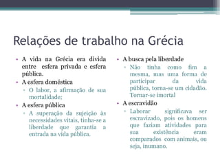 Relações de trabalho na Grécia
• A vida na Grécia era divida         • A busca pela liberdade
  entre esfera privada e esfera         ▫ Não tinha como fim a
  pública.                                mesma, mas uma forma de
• A esfera doméstica                      participar       da      vida
  ▫ O labor, a afirmação de sua           pública, torna-se um cidadão.
    mortalidade;                          Tornar-se imortal
• A esfera pública                    • A escravidão
  ▫ A superação da sujeição às          ▫ Laborar       significava ser
    necessidades vitais, tinha-se a       escravizado, pois os homens
    liberdade que garantia a              que faziam atividades para
    entrada na vida pública.              sua      existência      eram
                                          comparados com animais, ou
                                          seja, inumano.
 