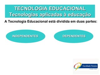 TECNOLOGIA EDUCACIONALTECNOLOGIA EDUCACIONAL
Tecnologias aplicadas à educaçãoTecnologias aplicadas à educação
A Tecnologia Educacional está dividida em duas partes:
INDEPENDENTESINDEPENDENTES DEPENDENTESDEPENDENTES
 