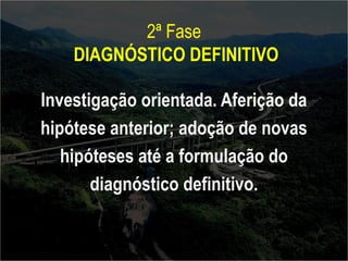2ª Fase 
DIAGNÓSTICO DEFINITIVO 
Investigação orientada. Aferição da 
hipótese anterior; adoção de novas 
hipóteses até a formulação do 
diagnóstico definitivo. 
 