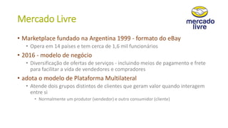 Mercado Livre
• Marketplace fundado na Argentina 1999 - formato do eBay
• Opera em 14 países e tem cerca de 1,6 mil funcionários
• 2016 - modelo de negócio
• Diversificação de ofertas de serviços - incluindo meios de pagamento e frete
para facilitar a vida de vendedores e compradores
• adota o modelo de Plataforma Multilateral
• Atende dois grupos distintos de clientes que geram valor quando interagem
entre si
• Normalmente um produtor (vendedor) e outro consumidor (cliente)
 