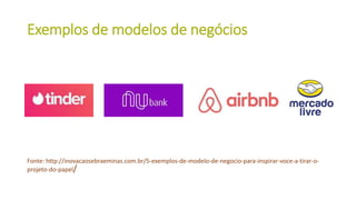 Exemplos de modelos de negócios
Fonte: http://inovacaosebraeminas.com.br/5-exemplos-de-modelo-de-negocio-para-inspirar-voce-a-tirar-o-
projeto-do-papel/
 