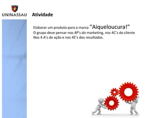 Atividade
Elaborar um produto para a marca “Aiqueloucura!”
O grupo deve pensar nos 4P’s do marketing, nos 4C’s do cliente
Nos 4 A’s de ação e nos 4E’s dos resultados.
 