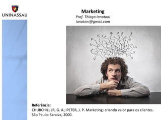 Marketing
Prof. Thiago Ianatoni
ianatoni@gmail.com
Referência:
CHURCHILL JR, G. A.; PETER, J. P. Marketing: criando valor para os clientes.
São Paulo: Saraiva, 2000.
 