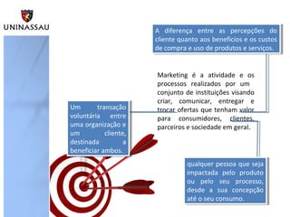 Marketing é a atividade e os
processos realizados por um
conjunto de instituições visando
criar, comunicar, entregar e
trocar ofertas que tenham valor
para consumidores, clientes,
parceiros e sociedade em geral.
Um transação
voluntária entre
uma organização e
um cliente,
destinada a
beneficiar ambos.
Um transação
voluntária entre
uma organização e
um cliente,
destinada a
beneficiar ambos.
qualquer pessoa que seja
impactada pelo produto
ou pelo seu processo,
desde a sua concepção
até o seu consumo.
qualquer pessoa que seja
impactada pelo produto
ou pelo seu processo,
desde a sua concepção
até o seu consumo.
A diferença entre as percepções do
cliente quanto aos benefícios e os custos
de compra e uso de produtos e serviços.
A diferença entre as percepções do
cliente quanto aos benefícios e os custos
de compra e uso de produtos e serviços.
 