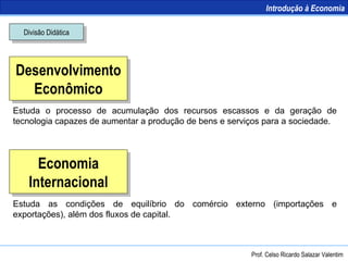 Desenvolvimento Econômico Economia Internacional Divisão Didática Estuda o processo de acumulação dos recursos escassos e da geração de tecnologia capazes de aumentar a produção de bens e serviços para a sociedade. Estuda as condições de equilíbrio do comércio externo (importações e exportações), além dos fluxos de capital. Prof. Celso Ricardo Salazar Valentim Introdução à Economia 