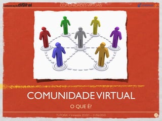 COMUNIDADES VIRTUAIS




COMUNIDADE VIRTUAL
              O QUE É?
    TUTORIA • trimestre 2010/1 – 21/06/2010   19
 