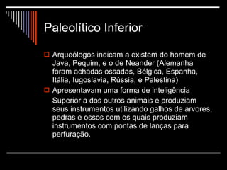 Paleolítico Inferior Arqueólogos indicam a existem do homem de Java, Pequim, e o de Neander (Alemanha foram achadas ossadas, Bélgica, Espanha, Itália, Iugoslavia, Rússia, e Palestina) Apresentavam uma forma de inteligência Superior a dos outros animais e produziam seus instrumentos utilizando galhos de arvores, pedras e ossos com os quais produziam instrumentos com pontas de lanças para perfuração. 