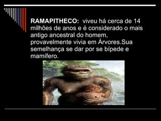 RAMAPITHECO:   viveu há cerca de 14 milhões de anos e é considerado o mais antigo ancestral do homem, provavelmente vivia em Árvores.Sua semelhança se dar por se bípede e mamífero. 