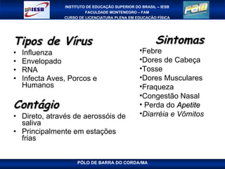 Tipos de Vírus Influenza Envelopado RNA Infecta Aves, Porcos e Humanos Contágio Direto, através de aerossóis de saliva Principalmente em estações frias Sintomas Febre Dores de Cabeça Tosse Dores Musculares Fraqueza Congestão Nasal Perda do  Apetite Diarréia e Vômitos 