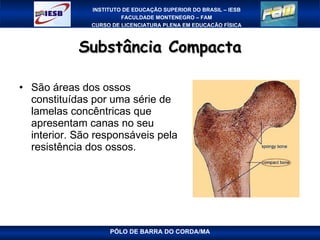 Substância Compacta São áreas dos ossos constituídas por uma série de lamelas concêntricas que apresentam canas no seu interior. São responsáveis pela resistência dos ossos. PÓLO DE BARRA DO CORDA/MA 