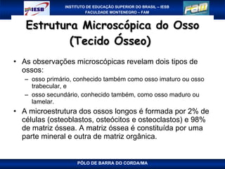 Estrutura Microscópica do Osso (Tecido Ósseo)  As observações microscópicas revelam dois tipos de ossos:  osso primário, conhecido também como osso imaturo ou osso trabecular, e  osso secundário, conhecido também, como osso maduro ou lamelar. A microestrutura dos ossos longos é formada por 2% de células (osteoblastos, osteócitos e osteoclastos) e 98% de matriz óssea. A matriz óssea é constituída por uma parte mineral e outra de matriz orgânica. PÓLO DE BARRA DO CORDA/MA 