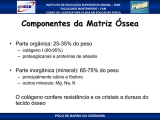 Componentes da Matriz Óssea Parte orgânica: 25-35% do peso  colágeno I (90-95%) proteoglicanas e proteínas de adesão Parte inorgânica (mineral): 65-75% do peso principalmente cálcio e fósforo outros minerais: Mg, Na, K O colágeno confere resistência e os cristais a dureza do tecido ósseo PÓLO DE BARRA DO CORDA/MA 