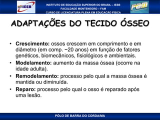 ADAPTAÇÕES DO TECIDO ÓSSEO Crescimento:  ossos crescem em comprimento e em diâmetro (em comp. ~20 anos) em função de fatores genéticos, biomecânicos, fisiológicos e ambientais. Modelamento:  aumento da massa óssea (ocorre na idade adulta).  Remodelamento:  processo pelo qual a massa óssea é mantida ou diminuída. Reparo:  processo pelo qual o osso é reparado após uma lesão. PÓLO DE BARRA DO CORDA/MA 