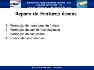 Reparo de Fraturas ósseas  Formação do hematoma de fratura Formação do calo fibrocartilaginoso Formação do calo ósseo Remodelamento do osso PÓLO DE BARRA DO CORDA/MA 